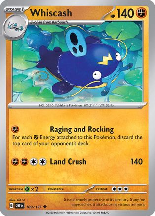 Whiscash 109 - Reverse Holofoil SV03 Obsidian Flames - Uncommon