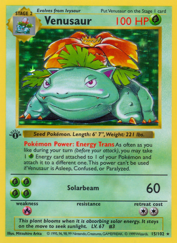 Venusaur 015/102 - 1st Edition Holofoil Base Set Shadowless - Holo Rare