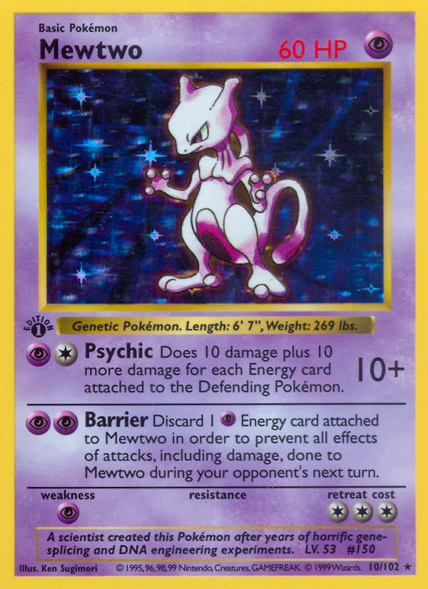 Mewtwo 010/102 - 1st Edition Holofoil Base Set Shadowless - Holo Rare