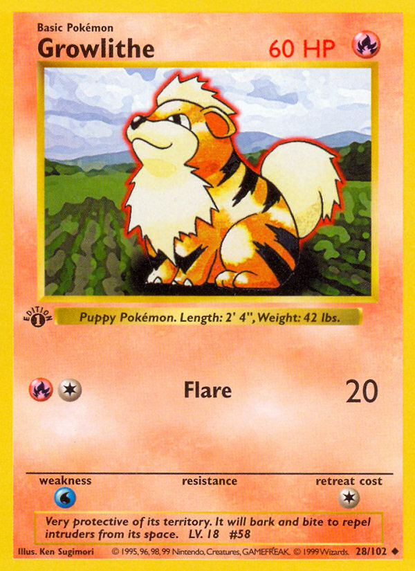Growlithe 028/102  - 1st Edition Base Set Shadowless - Uncommon