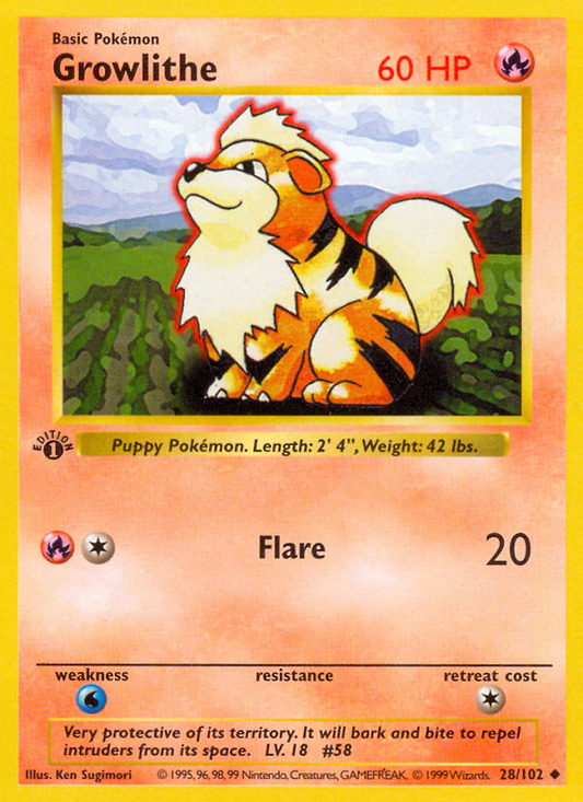 Growlithe 028/102  - 1st Edition Base Set Shadowless - Uncommon