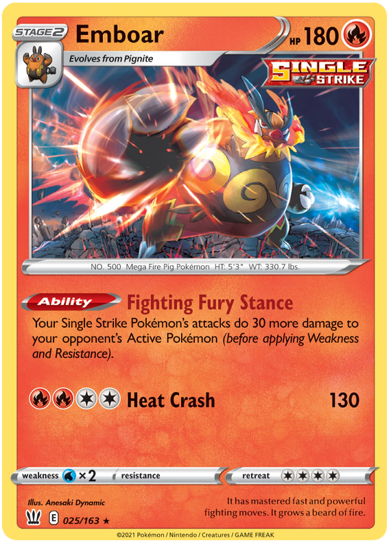 Emboar 025  - Holofoil SWSH05 Battle Styles - Holo Rare