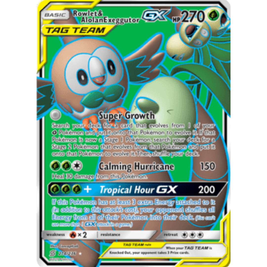 Rowlet & Alolan Exeggutor GX (Full Art) 214  - Holofoil SM  Unified Minds - Ultra Rare