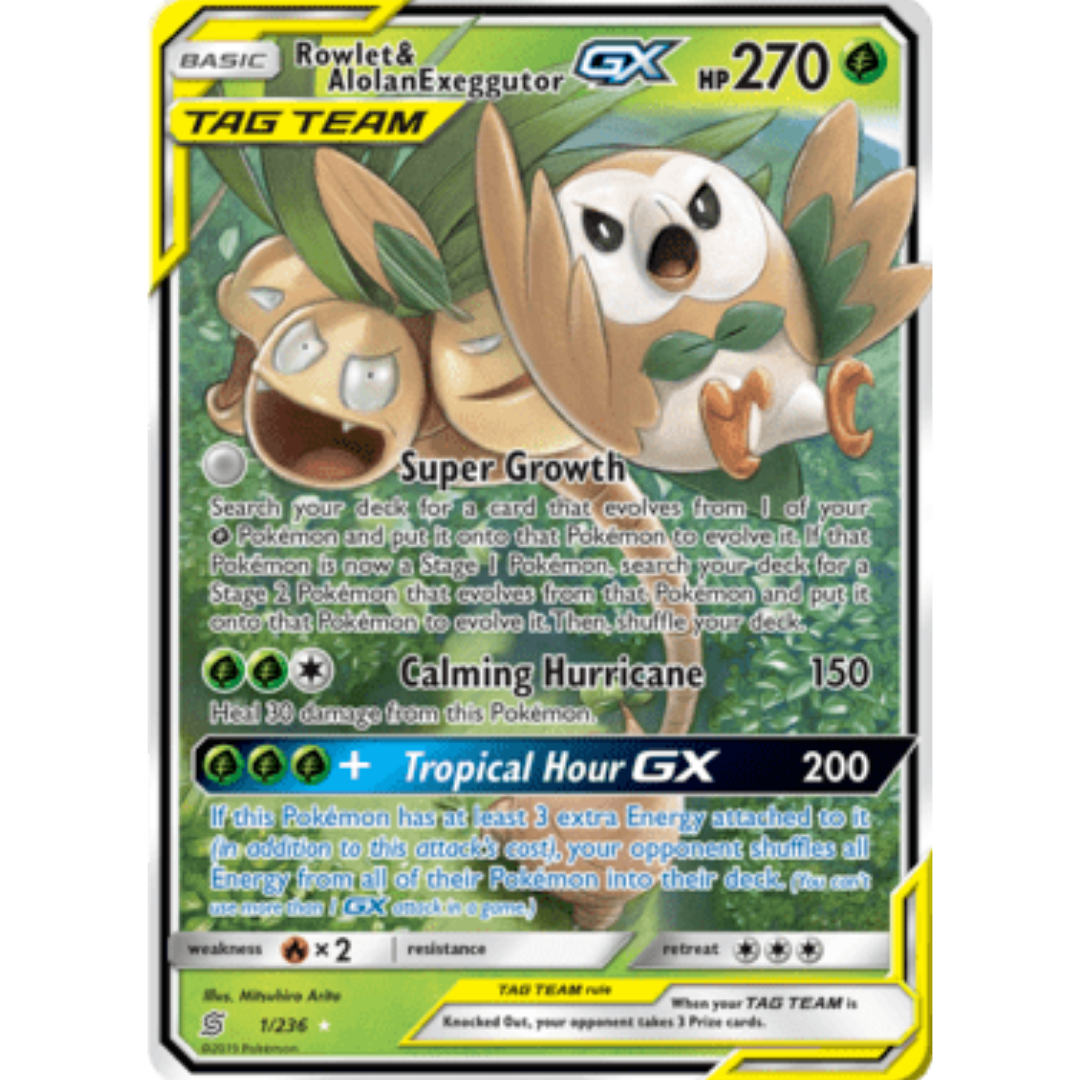 Rowlet & Alolan Exeggutor GX 001/236  - Holofoil SM  Unified Minds - Ultra Rare