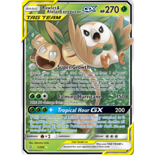 Rowlet & Alolan Exeggutor GX 001/236  - Holofoil SM  Unified Minds - Ultra Rare
