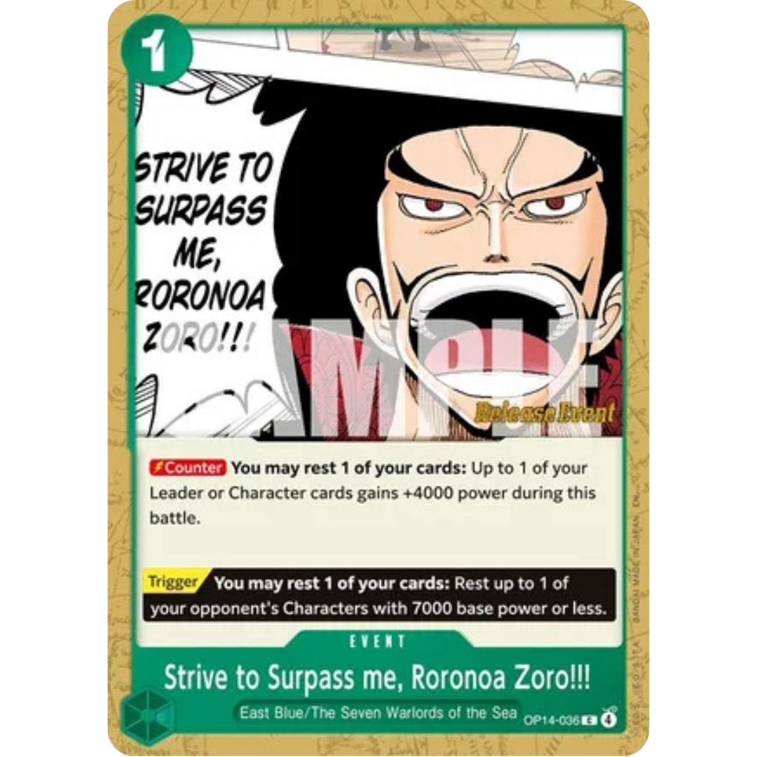 Strive to Surpass me, Roronoa Zoro!!! (OP14-036) - The Azure Sea's Seven Release Event Cards