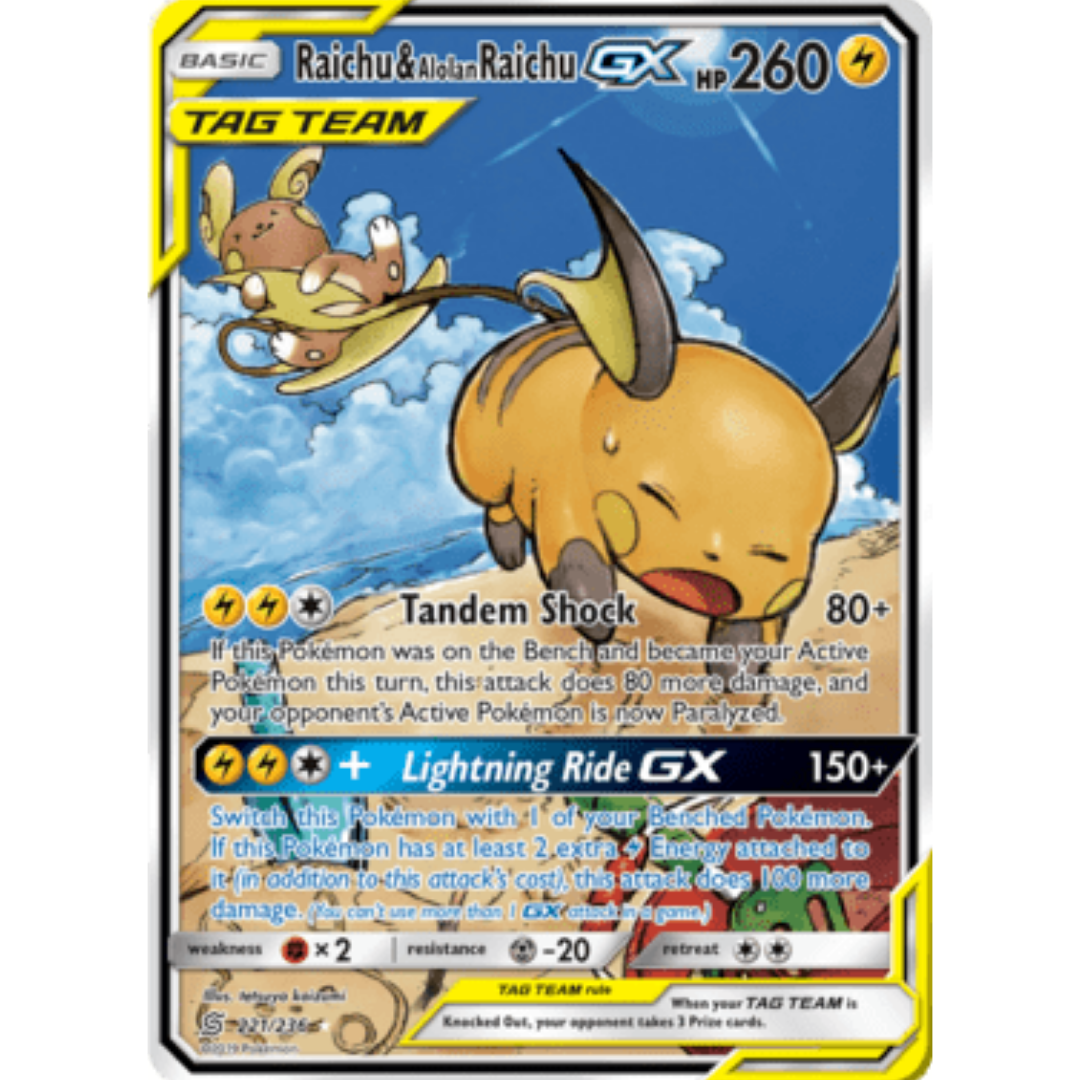 Raichu & Alolan Raichu GX (Alternate Full Art) 221  - Holofoil SM  Unified Minds - Ultra Rare