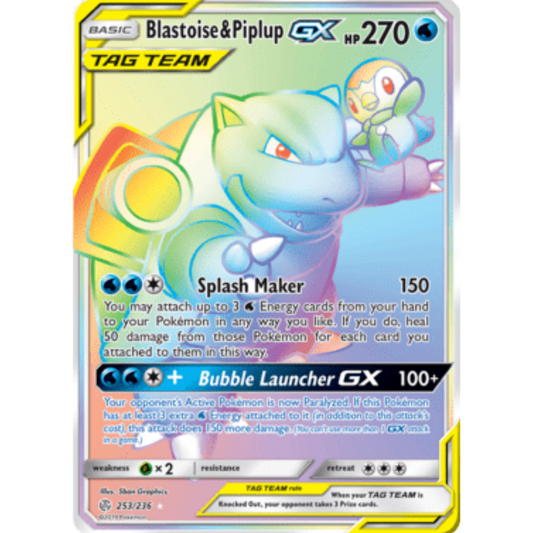 Blastoise & Piplup GX (Secret) 253  - Holofoil SM  Cosmic Eclipse - Secret Rare