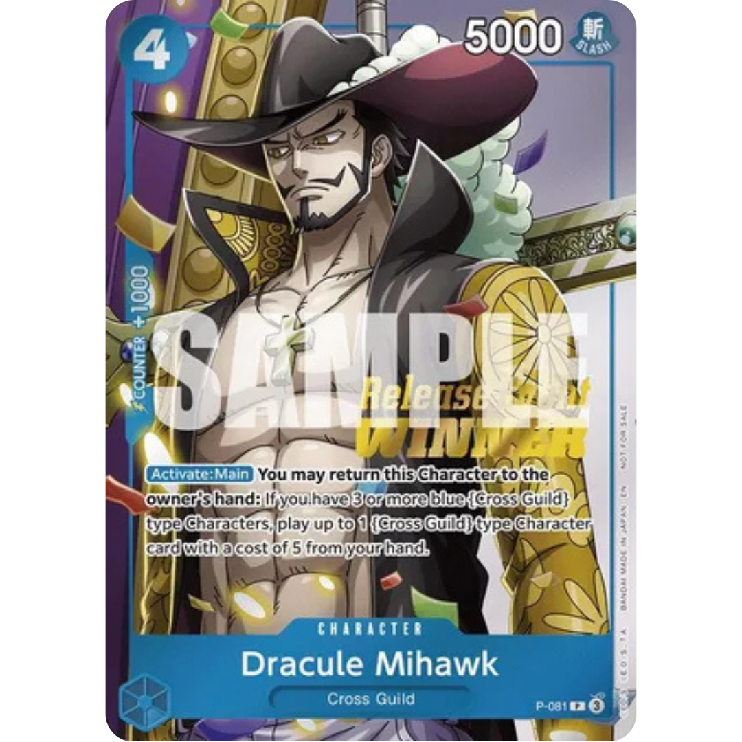 Dracule Mihawk (A Fist of Divine Speed Release Event Winner) (P-081) - One Piece Promotion Cards Foil