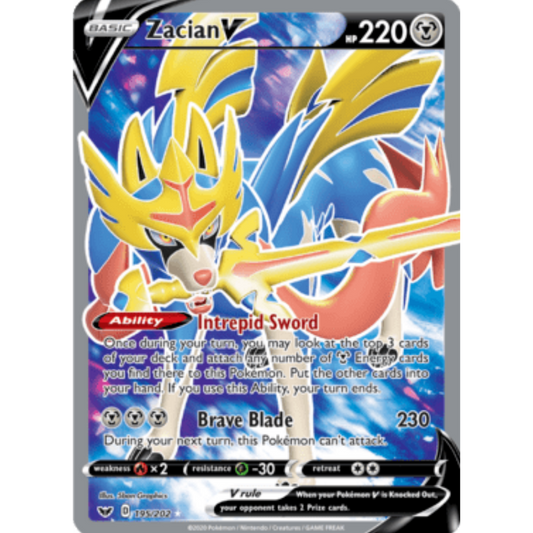 Zacian V (Full Art) 195/202  - Holofoil SWSH01 Sword & Shield Base Set - Ultra Rare