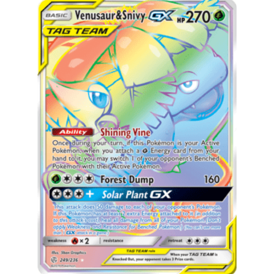 Venusaur & Snivy GX (Secret) 249  - Holofoil SM  Cosmic Eclipse - Secret Rare