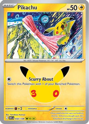Pikachu 032/128  - Holofoil ME 30th Celebration - Pikachu Rare